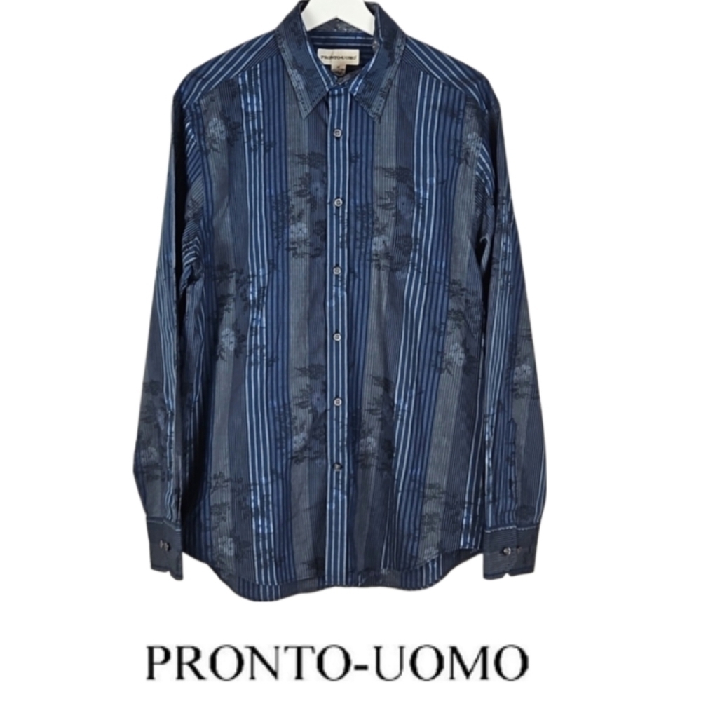 Pronto Uomo Retro 100% Cotton Print Dress Shirt, Multi Blue, Size M